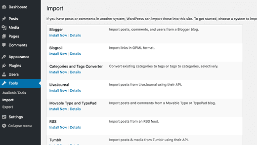 Import-Bildschirm in WordPress 4.6